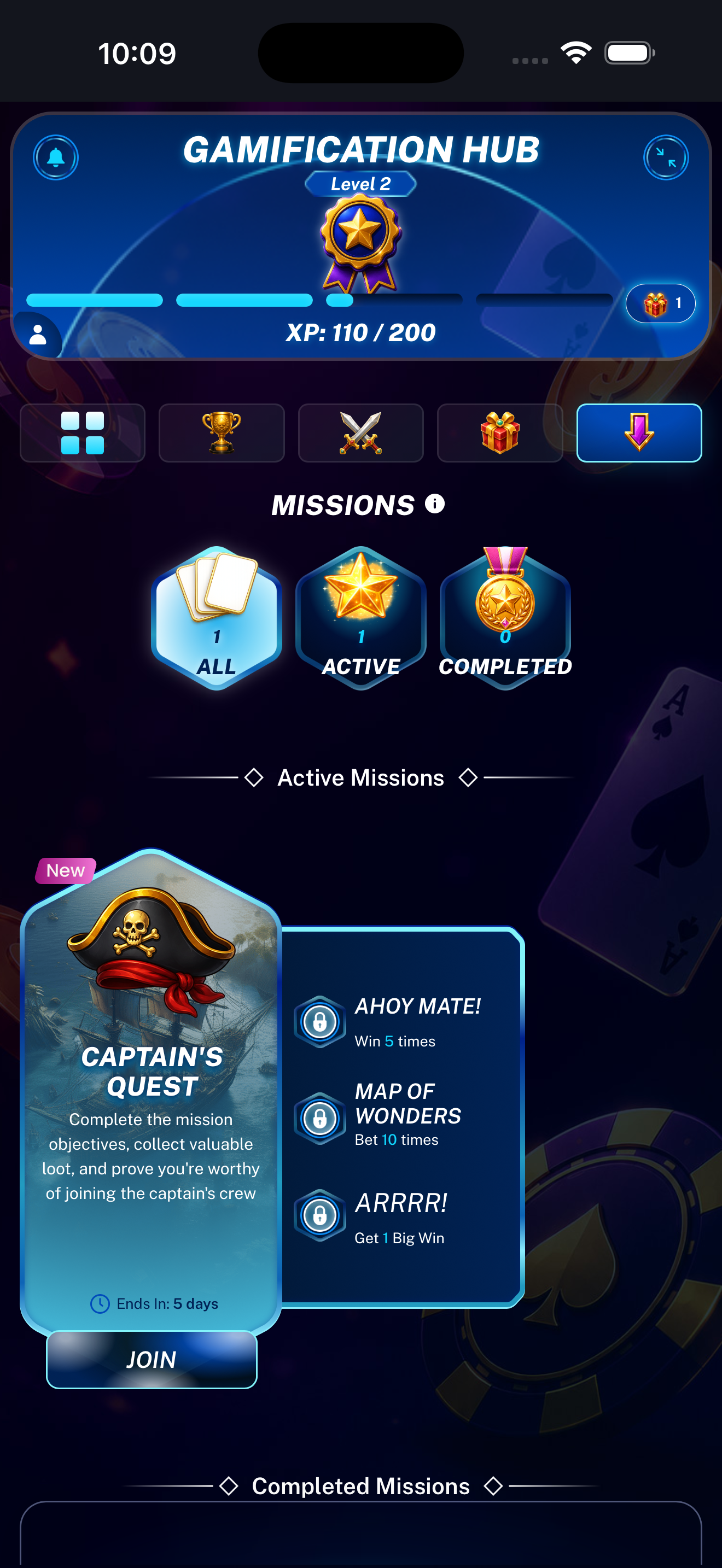 Missions landing page displayed on a mobile phone